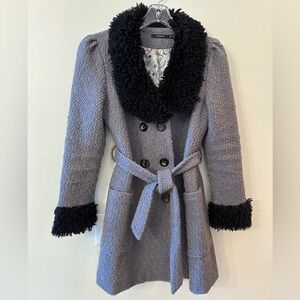 Women's Gray Double-Breasted Belted Coat with Black Trim